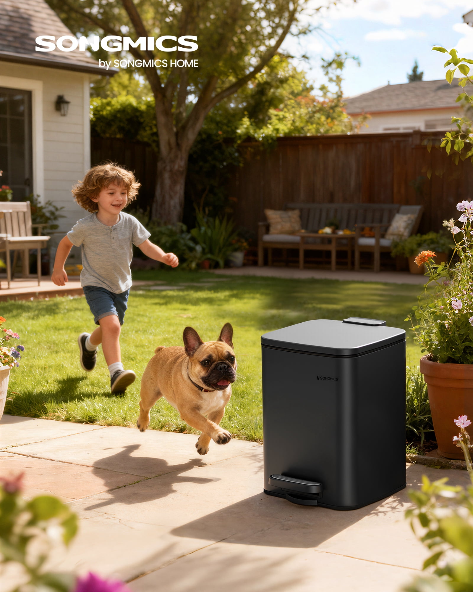 SONGMICS Dog Poop Trash Can, 1.6-Gallon (6 L) Outdoor Garbage Can with Lid, Soft Close, Stainless Steel with Inner Bucket, Ink Black