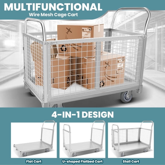 4-in-1 Heavy Duty Cage Cart, 2200 LBS Foldable Platform Truck with Detachable Fence & Industrial Swivel Wheels, Silver