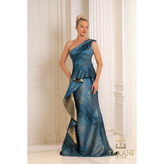 Terani Couture 252E5159 Peplum Fitted Bodycon Long evening elegant Gown – Formal Dress Elegance Teal Gold 2