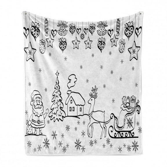 Christmas Soft Flannel Fleece Throw Blanket, Tree Ornaments with Santa Sleigh Rudolph Reindeer Toys Jingle Bells Image, Cozy Plush for Indoor and Outdoor Use, 50" x 70", Black and White, by Ambesonne