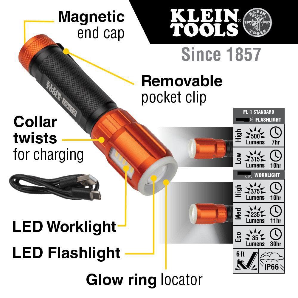 Klein Tools Flashlight With Worklight Rechargeable