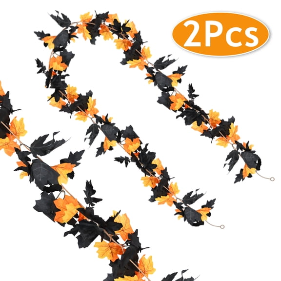 Thanksgiving Garlands Maple Leaf Vines Artificial Hanging Vines Decorations for Halloween Thanksgiving Home Party Supplies  2PCS Black&Yellow