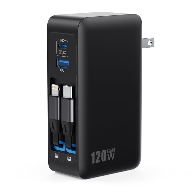 Cargador USB-C AONIMI 120W GaN 4 en 1 con cable doble retráctil
