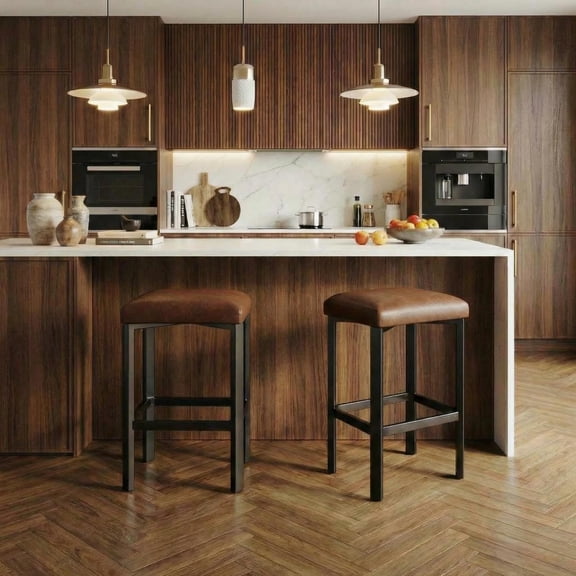 24 inches Brown BarStools Set of 4, PU Leather Kitchen Chairs with 2" Thick Upholstery, Counter Height Bar Stools, Sturdy Metal Base, Easy Assembly, for Kitchen Island, Bar Counter