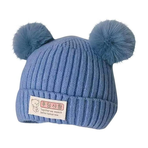 CYRBOKO Toddler Girls Beanies, Fleece Cotton Thermal Double Pompoms Winter Hats Blue Size 1-6 T