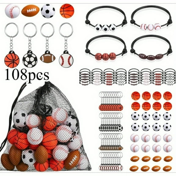 108 Pcs Sports Party Favors Kit, 36 Keychains 36 Stress Balls 36 Bracelets with Storage Bag, Multi-Sport Theme Birthday Supplies for Kids Team Gifts