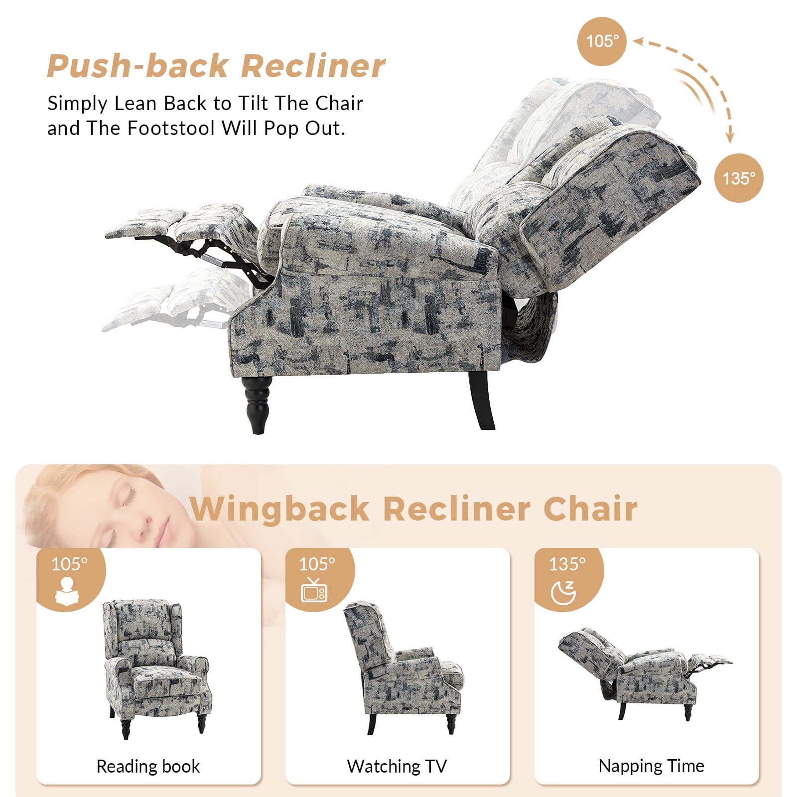 Vintage Floral Wingback Manual Push Back Recliner Chair Set of 2 for Living Room GREENGUARD Certified Grey