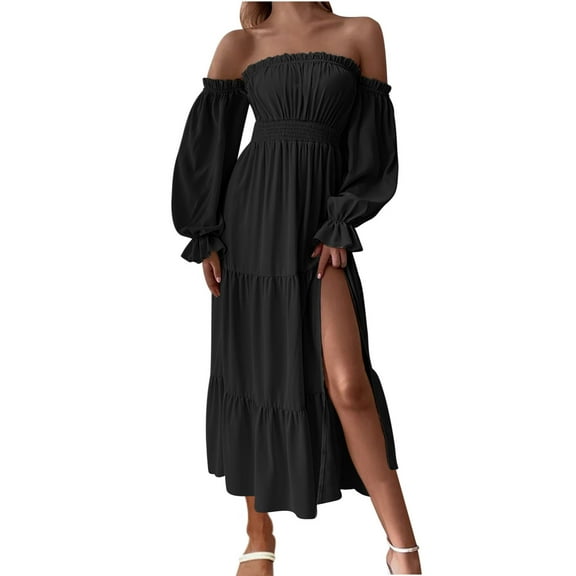 vdgthytj Womens off Shoulder Long Maxi Dress Long Sleeves High Waist Side Slit Flowy a Line Ruffle Hem Dresses