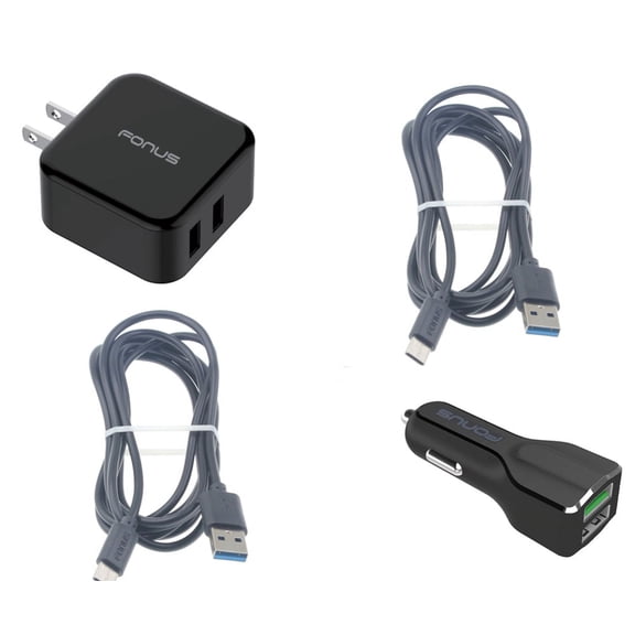 4-in-1 Adaptive Fast Home Car Charger 6ft (Two) USB Cable Combo [USB-C] Type-C Wire W1X for Coolpad Legacy - Essential Phone (PH-1) - Google Pixel XL 3a XL 3 XL Slate 12.3 2 XL - HTC Bolt, U11