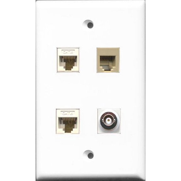 RiteAV 1 Port Phone RJ11 RJ12 Beige and 1 Port BNC 2 Port Cat6 Ethernet White Wall Plate