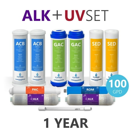 Ultraviolet Water Treatment System - Express Water – 1 Year Alkaline Ultraviolet Reverse Osmosis System Replacement Filter Set – 11 Filters with UV and 100 GPD RO Membrane – 10 inch Size Water Filters