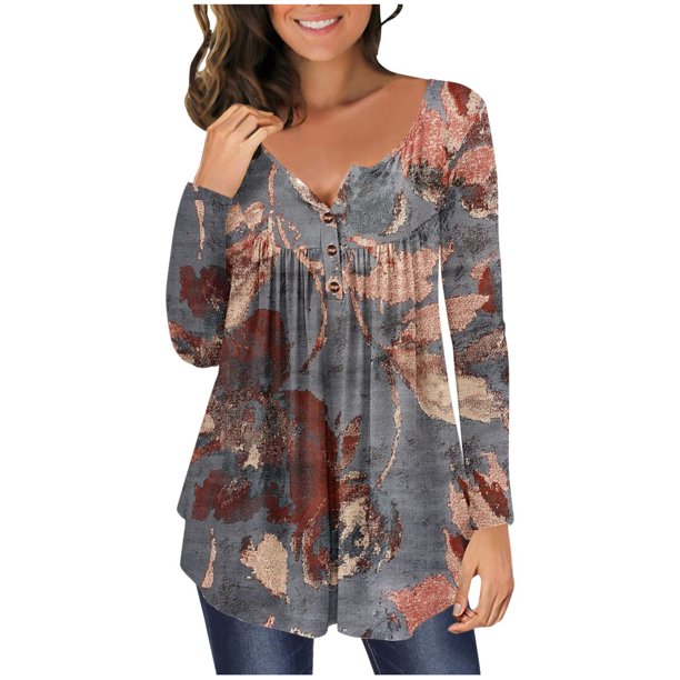 Camiseta informal para mujer, blusa estampada de manga larga con cuello redondo y botones fruncidos Fridja bvmnju2970