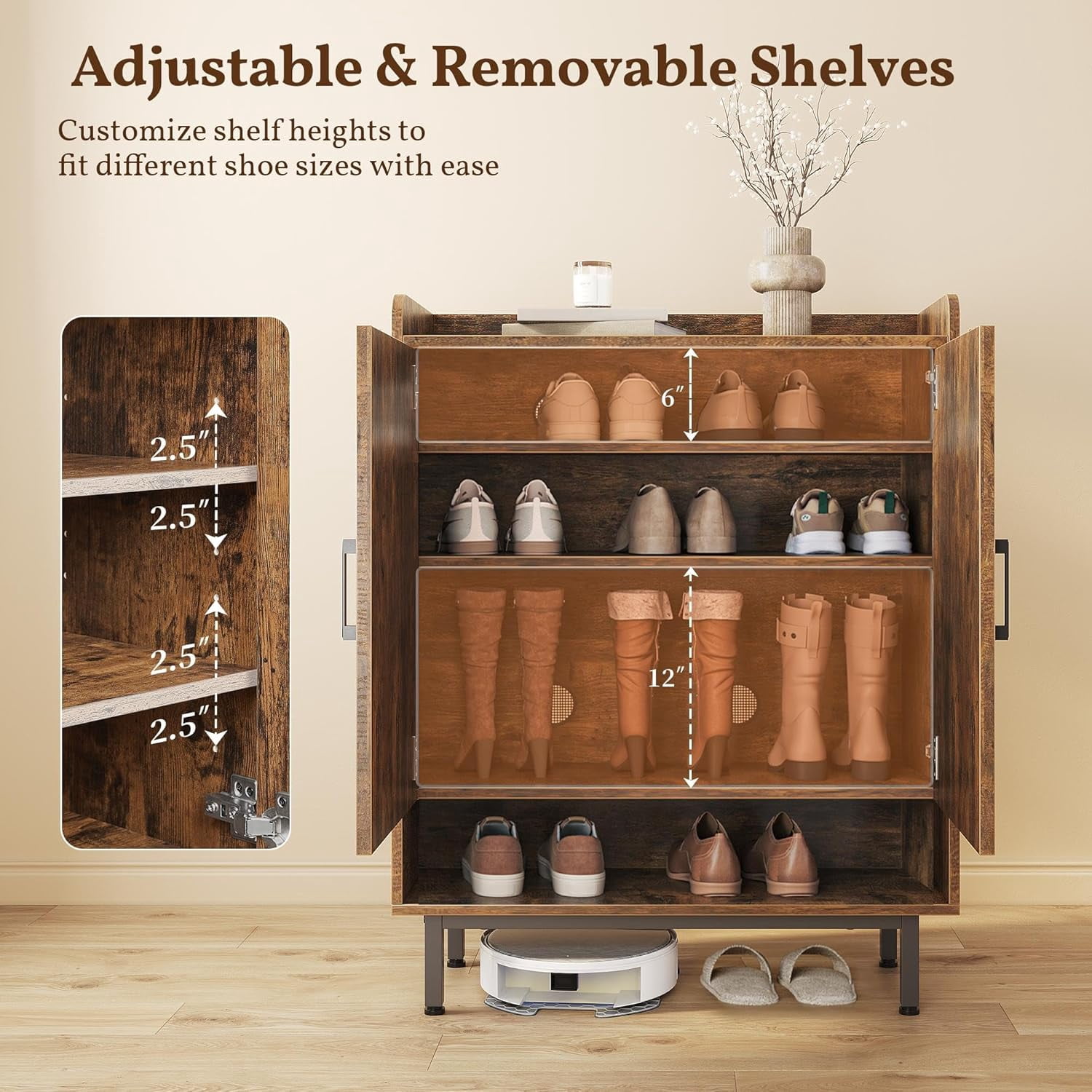 Shoe Storage Cabinet with Doors, Farmhouse Shoe Cabinet with 2 Adjustable Shelves and 4 Side Hooks, Wooden Shoe Rack Organizer Cabinet for Entryway, Foyer, Hallway, Rustic Brown