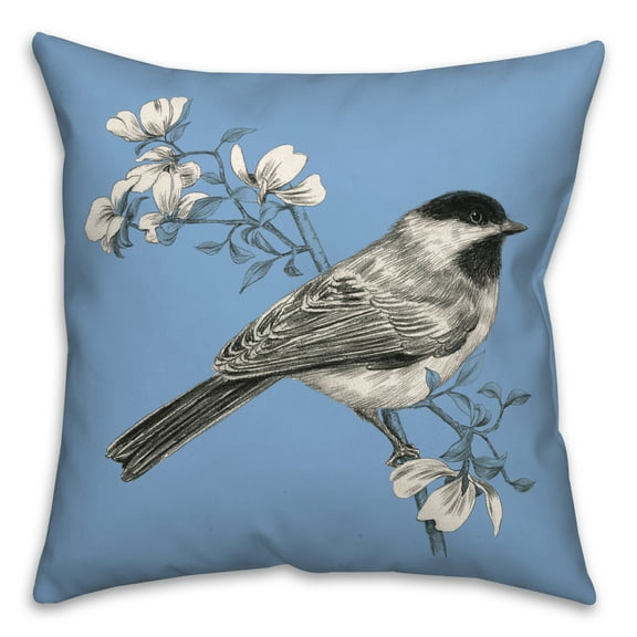 Creative Products Chickadee Bird with Flowers on Blue 20x20 Indoor / Outdoor Pillow