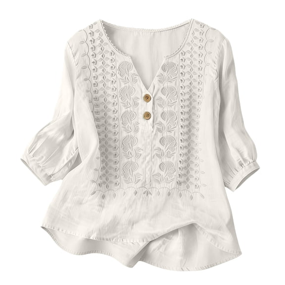 BaoFuBaoMei Embroidered Tops for Women Plus Size V Neck Elbow Sleeve Shirts Trendy Solid Blouse Loose Breathable Outfit