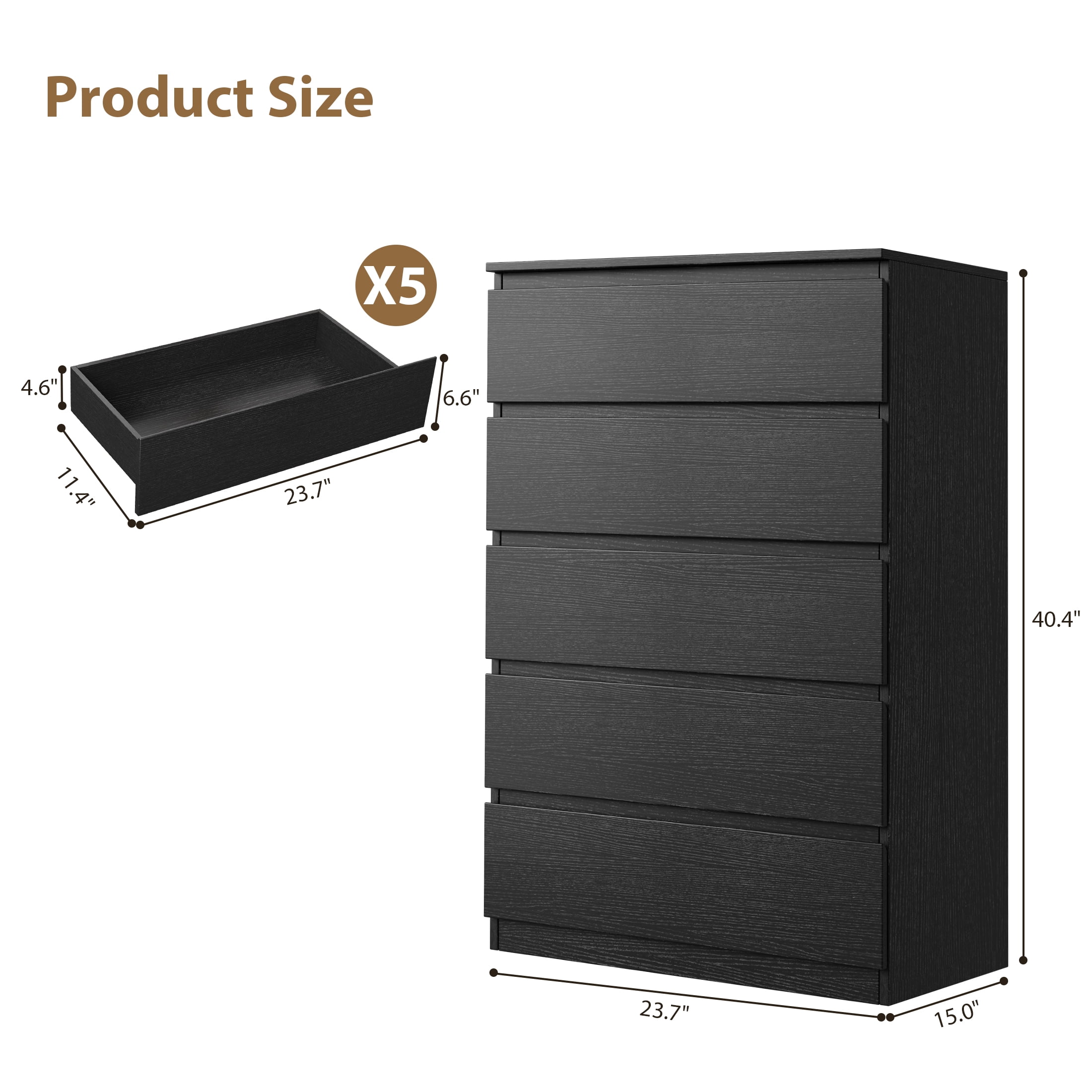 Hijob 5 Drawer Dresser, Modern Storage Cabinet for Bedroom, Tall Chest of Drawers for Living Room Bedroom, Black