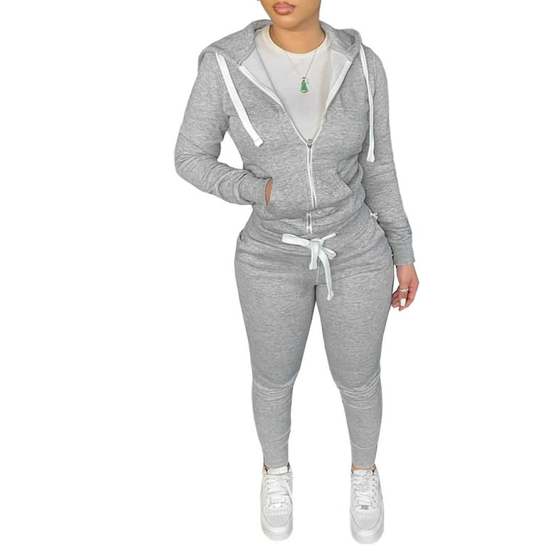 Canrulo Womens Casual 2 Piece Outfits Long Sleeve Full Zip Hoodie and  Sweatpants Workout Sweatsuits Sets with Pockets Light Gray M