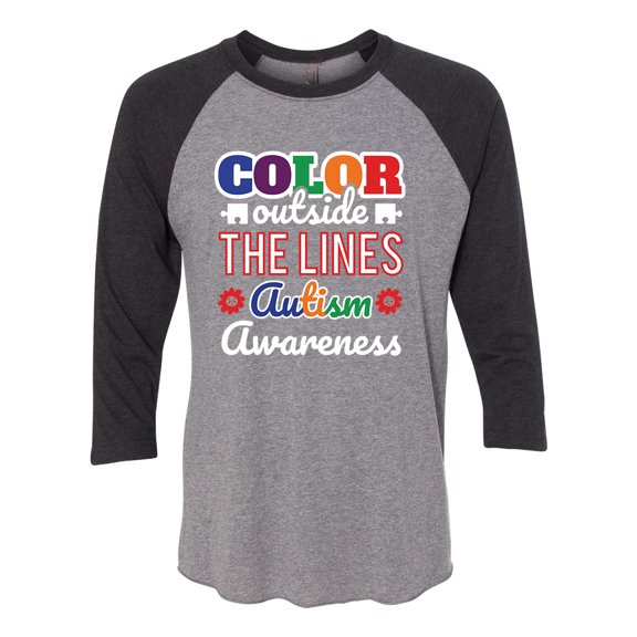 Adult Unisex Autism Awareness Color Outside The Lines 3/4 Sleeve Raglan-Black Heather/Heather Grey-large