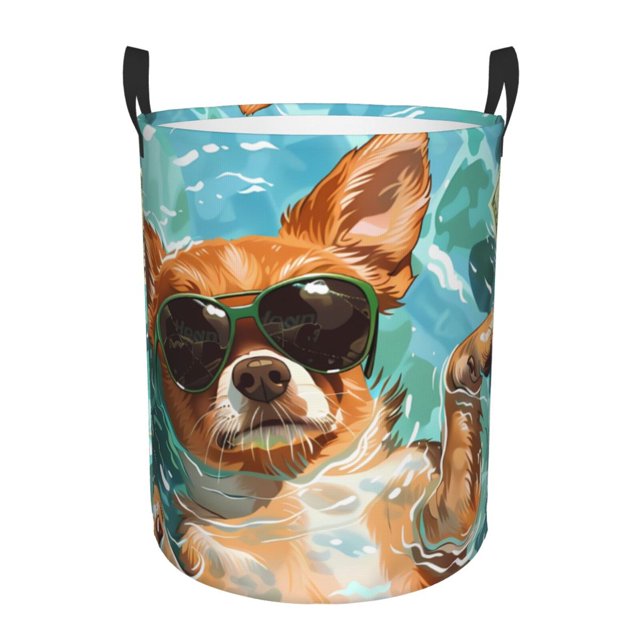 Fotbe Funny Swimming Chihuahua Cesto de Ropa con Asas, Cesto Impermeable de Gran Capacidad, Bolsa de Lavado para Dormitorio, Cesto de Ropa con Ruedas y Asas-Small