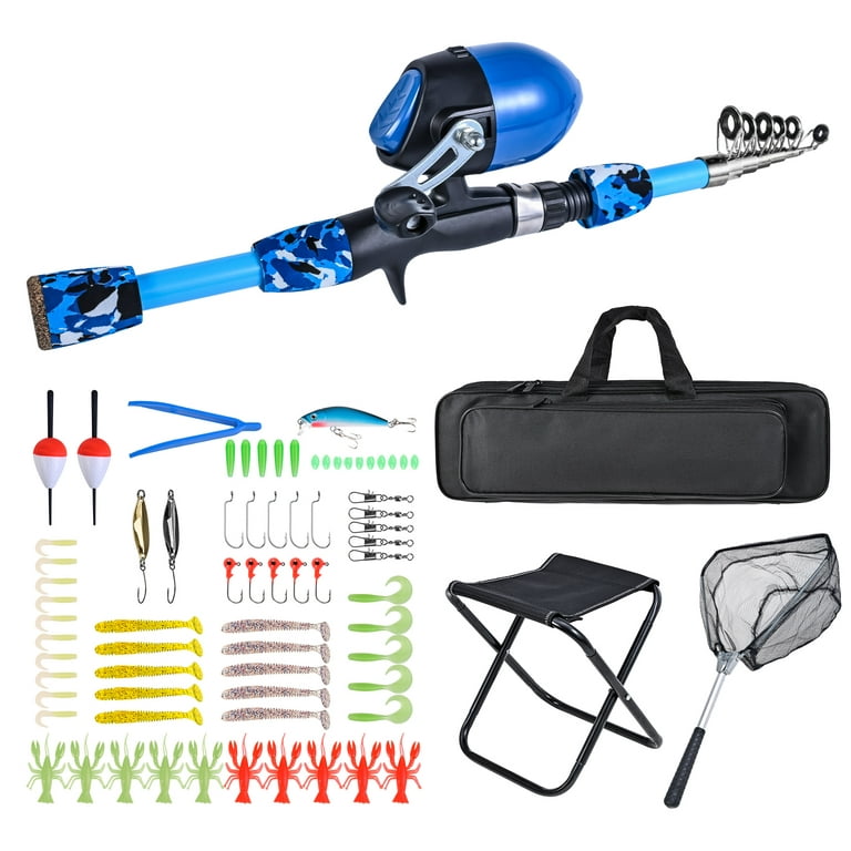 Apexeon Kids Fishing Rod and Reel Combo with Collapsible Fishing Stool -  Telescopic Fishing Pole, Landing Net, and Tackle Box Accessories for  Fishing