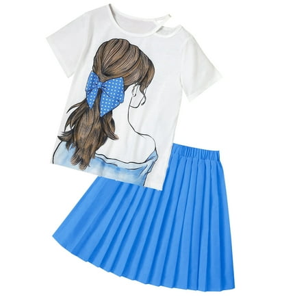 

Kid Toddler Girl Outfits Cute Baby Clothing Sets G Printed Loose Short Sleeve Top Solid Color Pleated Skirt Suit Comfortable Outerwear Suits Blue 8-9 Years