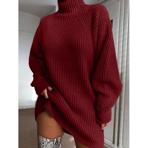 Vestido de suéter de cuello alto para mujer, manga larga, sólido, informal, elegante, Mini vestido de punto de gran tamaño, ropa de otoño e invierno