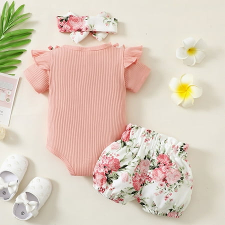 

kpoplk Holiday Baby Girl Outfit Infant Kid Baby Girls Short Sleeve T-Shirt Top Shorts Headband Summer Outfits(Pink)