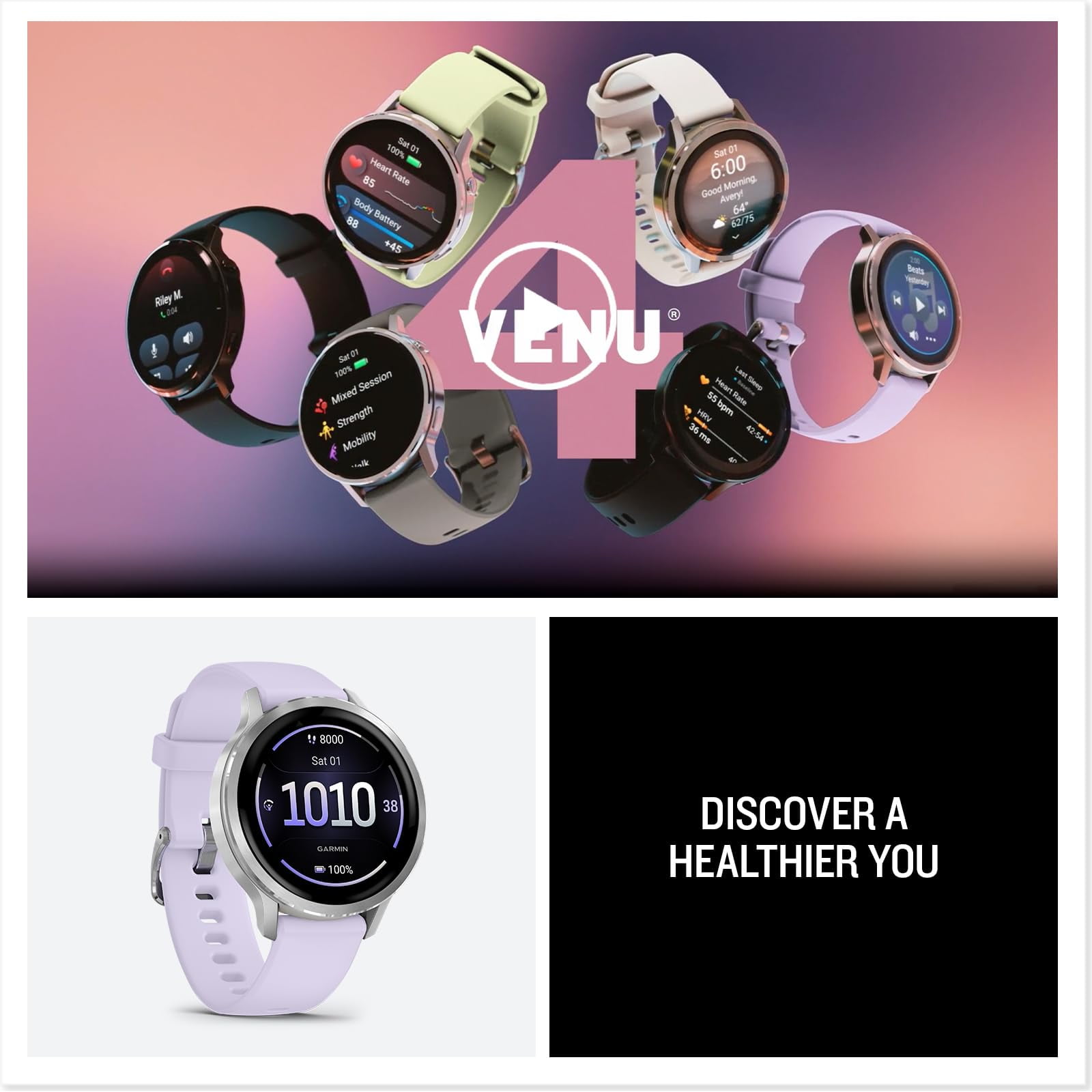 Garmin Venu 4 (41mm) GPS Smartwatch Silver with Periwinkle Silicone Band Bundle w/ Deco Essentials Charging Dock, 3-Pack Dust Covers & 2-Pack 1.2" Screen Protectors