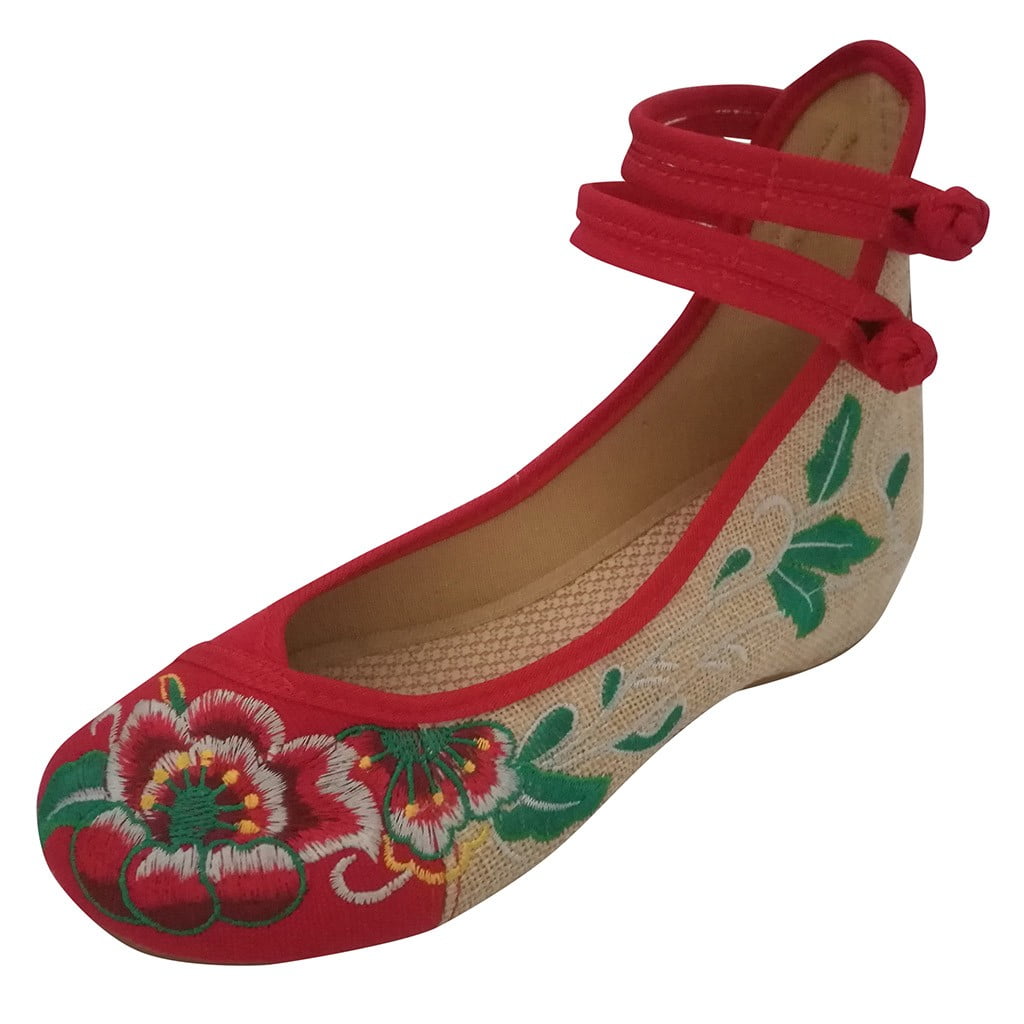 USA Women Folk  Embroidered Flower Flats Ankle Strap Ballet Pump Shoes Summer