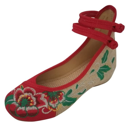 

HGWXX7 Women Embroidered Shoes High To Help Increase Ankle Double Strap Canvas Shoes For Women Red 39