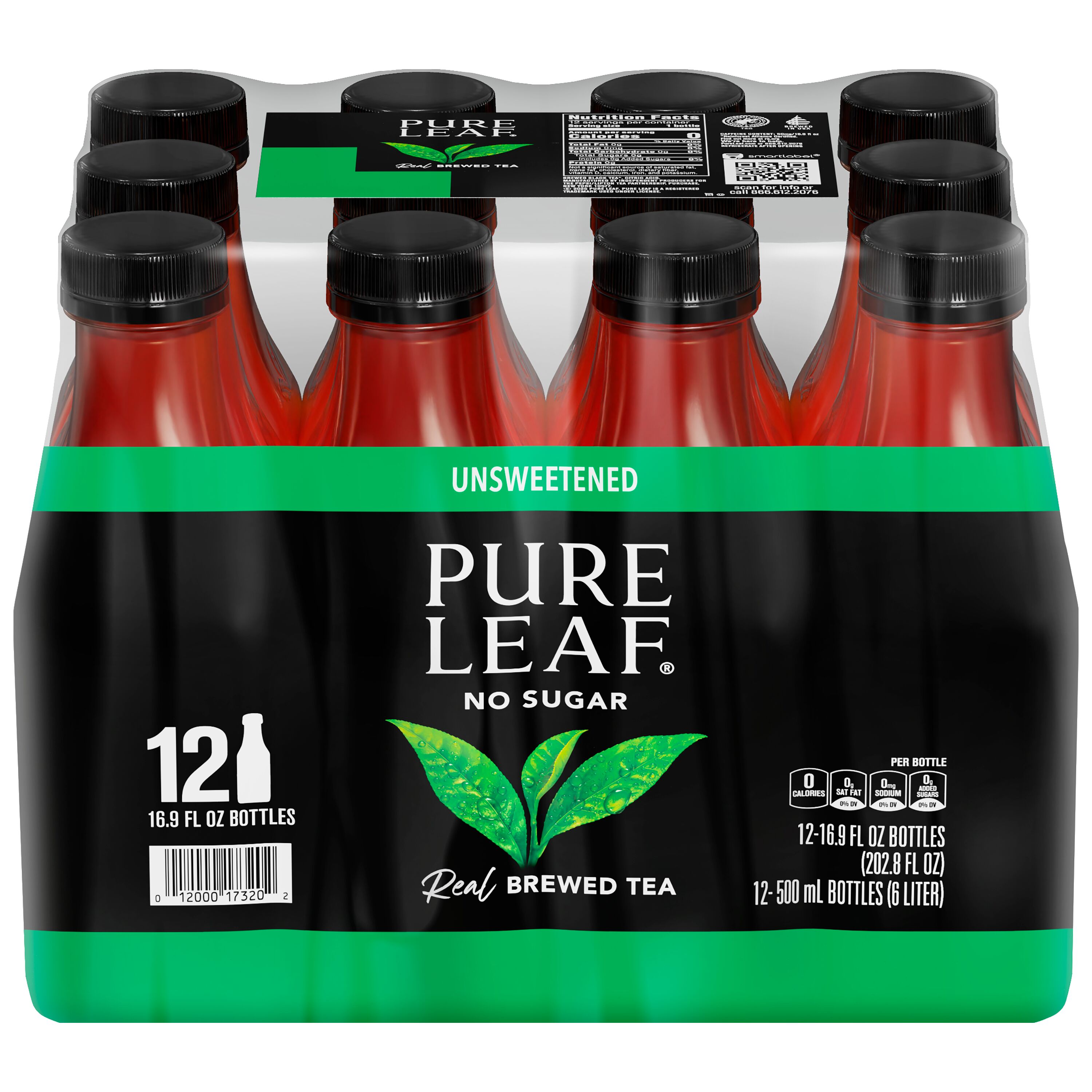 Lipton Pure Leaf Unsweetened Real Brewed Black Iced Tea, 16.9 fl oz, 12 Pack Bottles