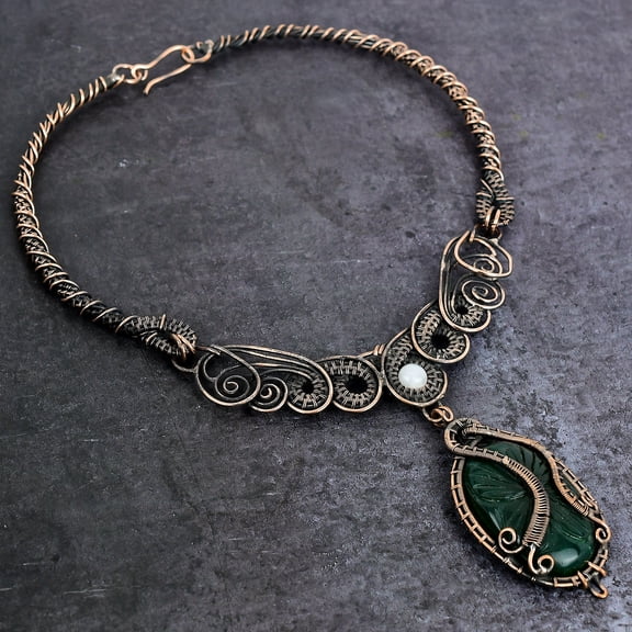 Natural Green Onyx, Moonstone Copper Wire Wrap Jewelry Necklace 18"