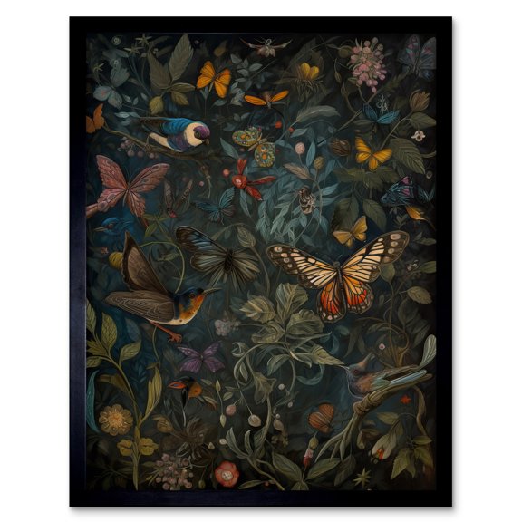 William Morris Style Plants Birds and Butterflies Art Print Framed Poster Wall Decor 12x16 inch