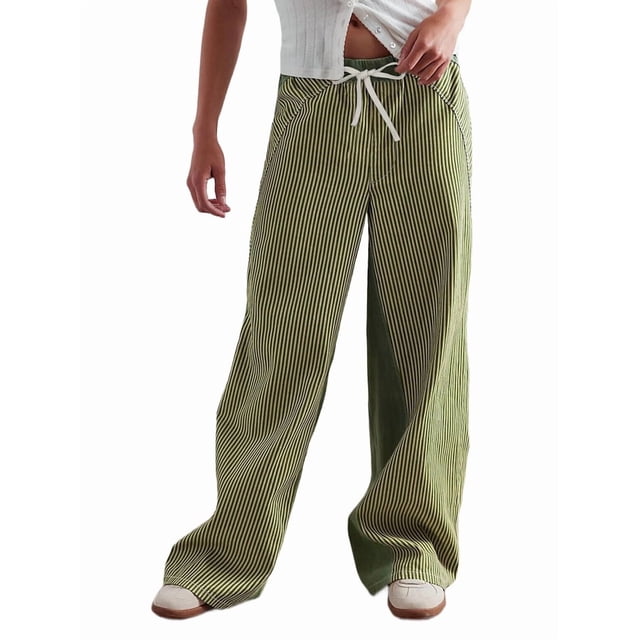 Pantalones de Rayas de Tiro Bajo para Mujer, Estilo Bohemio, con Cordón Ajustable y Pernera . Verde S
