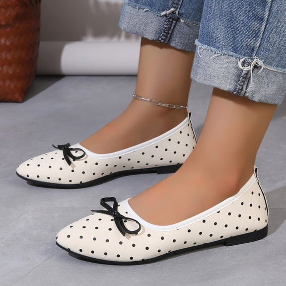 Ytobaz Flat Shoes for women Polka Dot Bow Canvas Ballet Flats Slip On Flat Shoes Office Work Dress Walking Travel Daily Casual Outfits Footwear