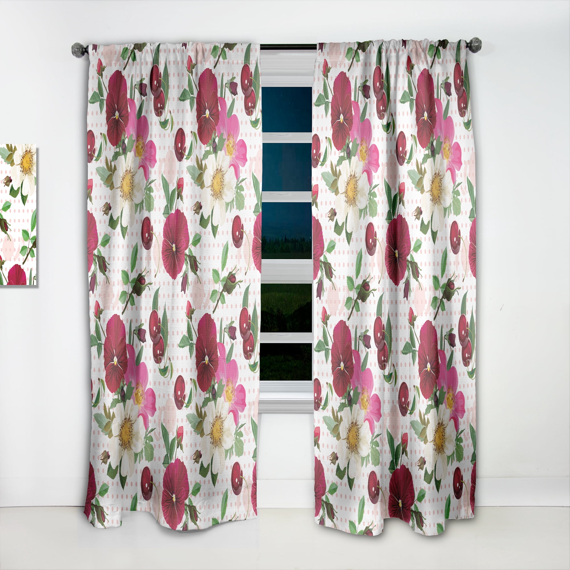 Designart 'Roses Pansies and Cherries On Pink Dotted' Abstract Curtain Panel