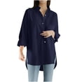 thumbnail image 1 of Chemises Boutonnées pour Femmes Manches Longues Retroussées Col en V Uni Ourlet Haut-Bas Blouse Hauts Tuniques Décontractées, 1 of 9