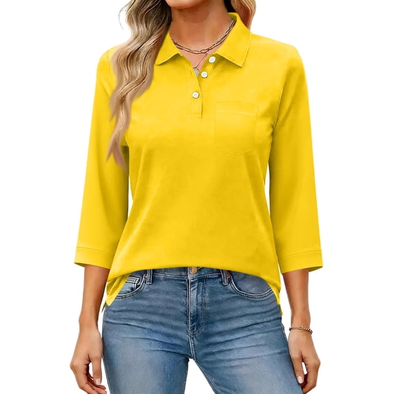 Womens Collared V Neck Work Polo Shirts Button Down 3/4 Sleeve Casual T-Shirt Tennis Golf Business Tops Yellow XL
