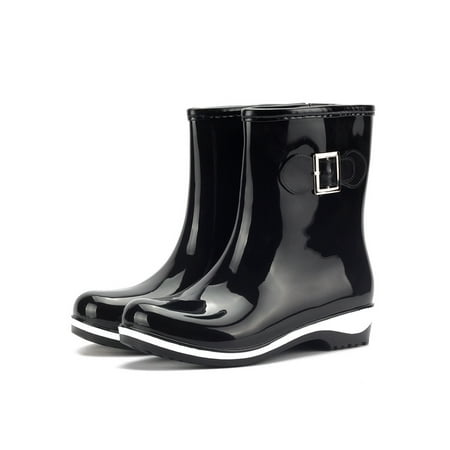 

UKAP Womens Garden Rain Boots Mid-Height Lightweight Comfortable Insole Slip On Flats Shoes