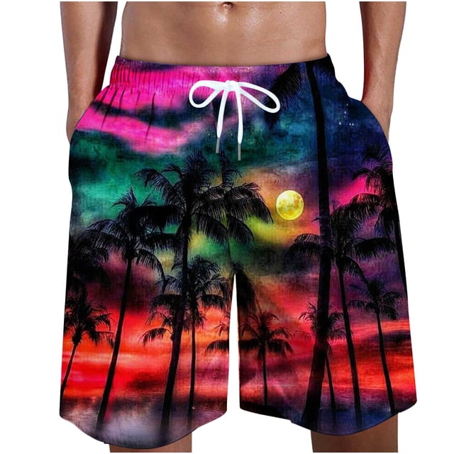 WAENQINLA Swimming Trunks for Men Casual Elastic Wiast Beach Shorts Quick Dry Drawstring Board Shorts Colorful Palm Tree Print Comfortable Swim Shorts Men's Shorts Under 5
