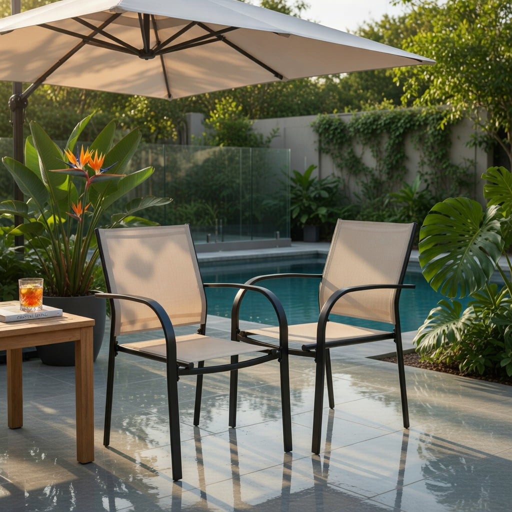 Hommoo 2-Pack Stackable Outdoor Dining Chairs with Armrests, Rust-Resistant Steel Frame, Breathable Fabric Seat, Patio Chairs for Deck, Garden, Poolside, Brown