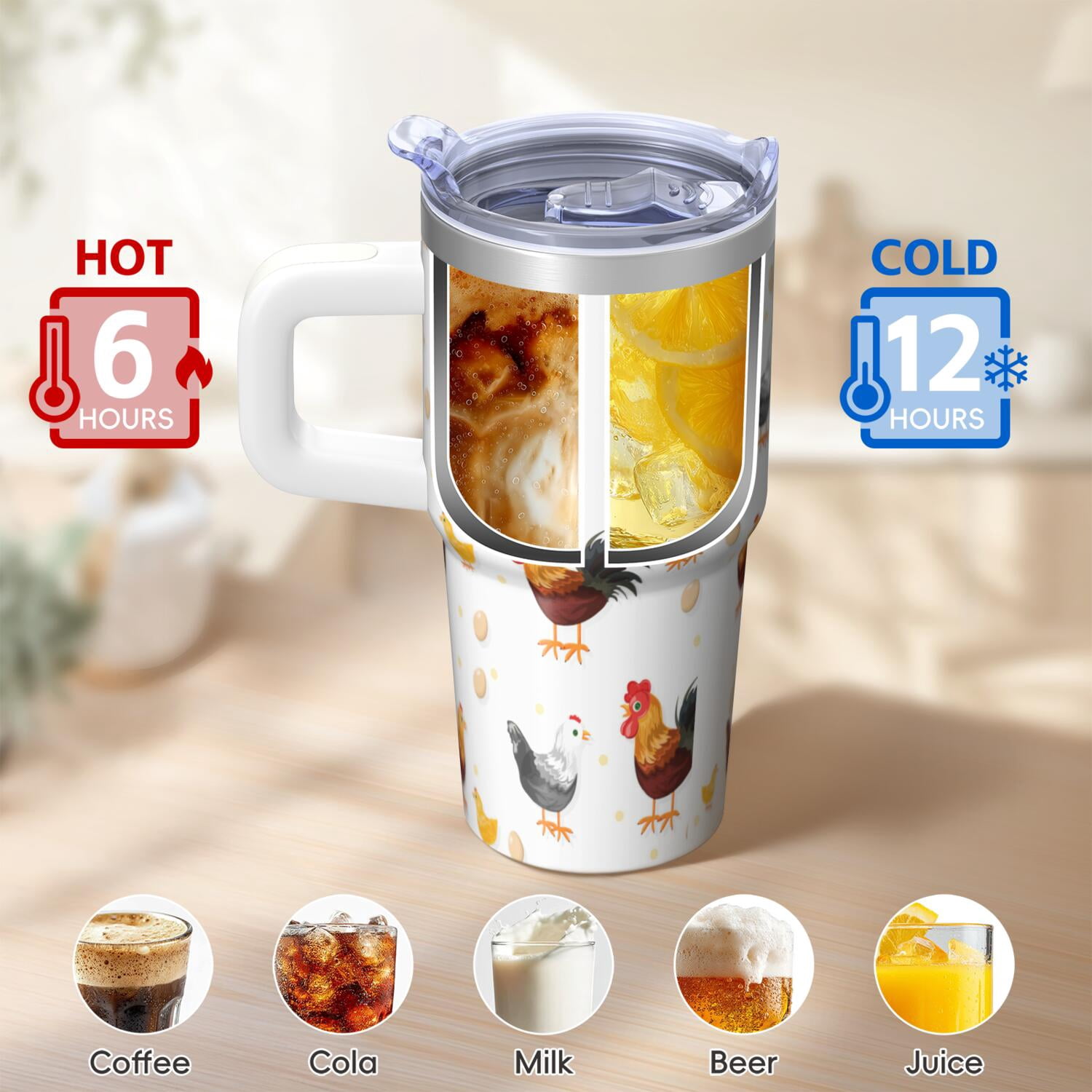 20oz Funny Chicken Tumbler with Handle Insulated Travel Mug Special Birthday Christmas Gift for Chicken Fans Women Men Cup Holder Friendly Durable Material Wide Mouth for Ice Office Home Daily Use
