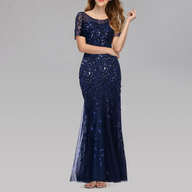 SMihono Robe Maxi Bohème d'Été pour Femmes Grande Taille Robe Longue à Manches Courtes Col Rond Couleur Unie Robe de Soirée Slim Robe de Plage