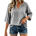 thumbnail image 2 of thefmos Women's V Neck 3/4 Sleeve Plaid Top Loose Fit Lightweight Cute Blouse Casual Fashion Spring Fall Outfitt, Black 3XL, 2 of 7