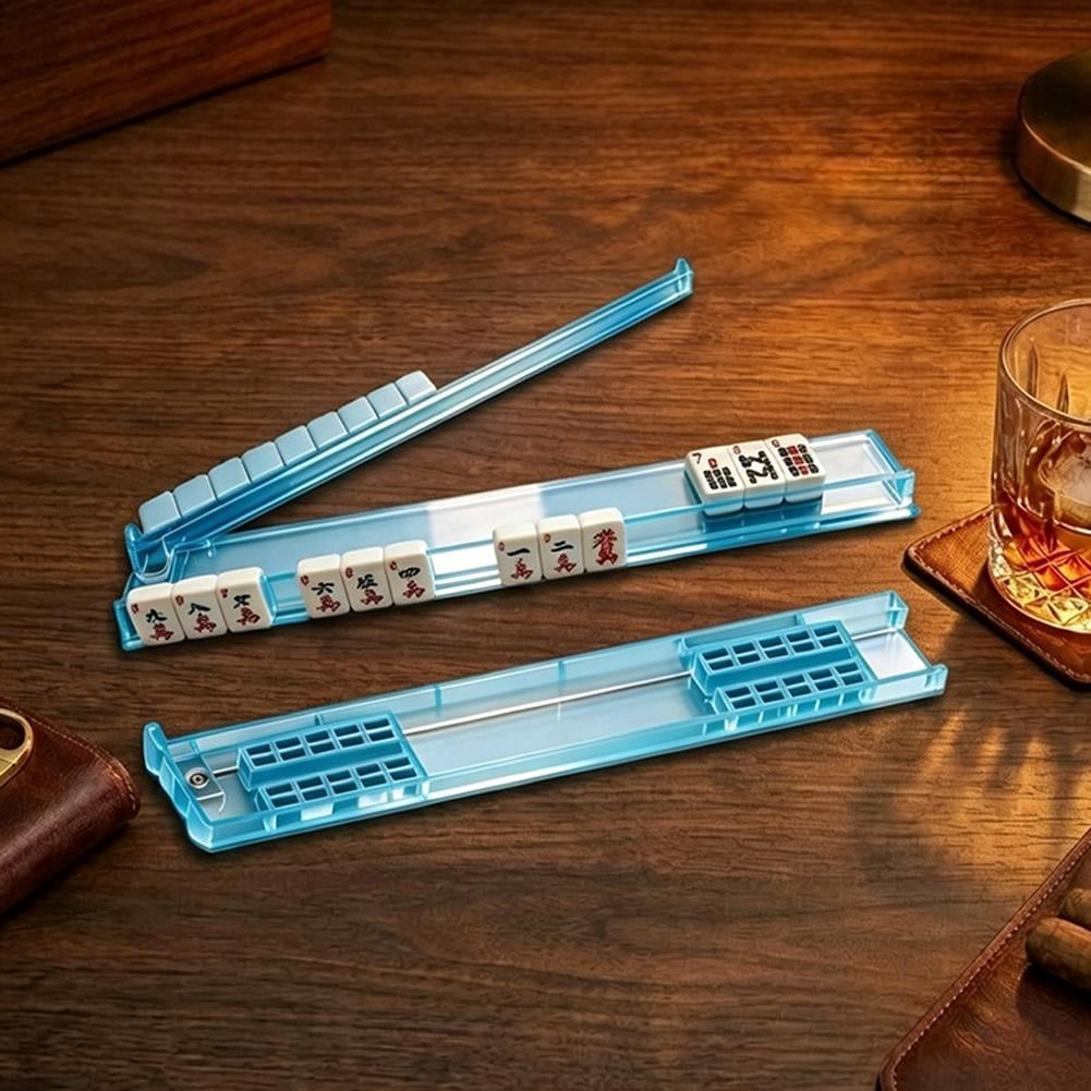 18-Inch Acrylic Mahjong Racks with Pusher Arms, Robust 4-in-1 American Mahjong Accessory Set, Resilient & Shatter-Resistant Tile Holders in Blue / Clear, 4-Pack