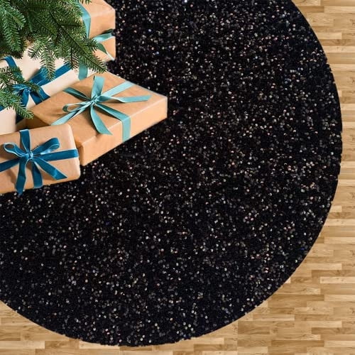 Falda para árbol de Navidad FUHSY, terciopelo con lentejuelas, 90 cm, color negro con purpurina