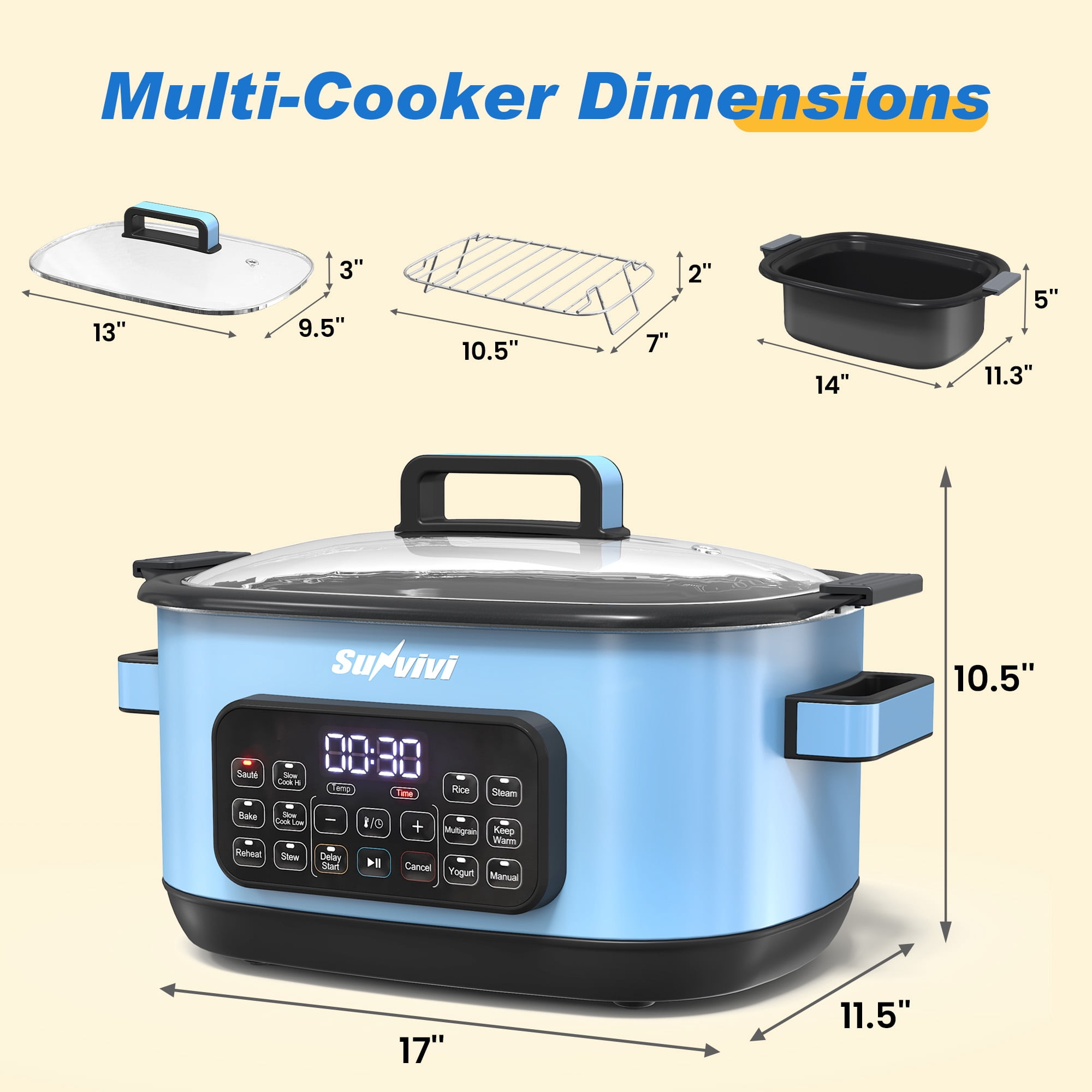 Sunvivi 12-in-1 Digital Programmable Slow Cooker, 6.5 QT Large Multicooker, Multi-Cooker with Timer, Temp Control, Blue