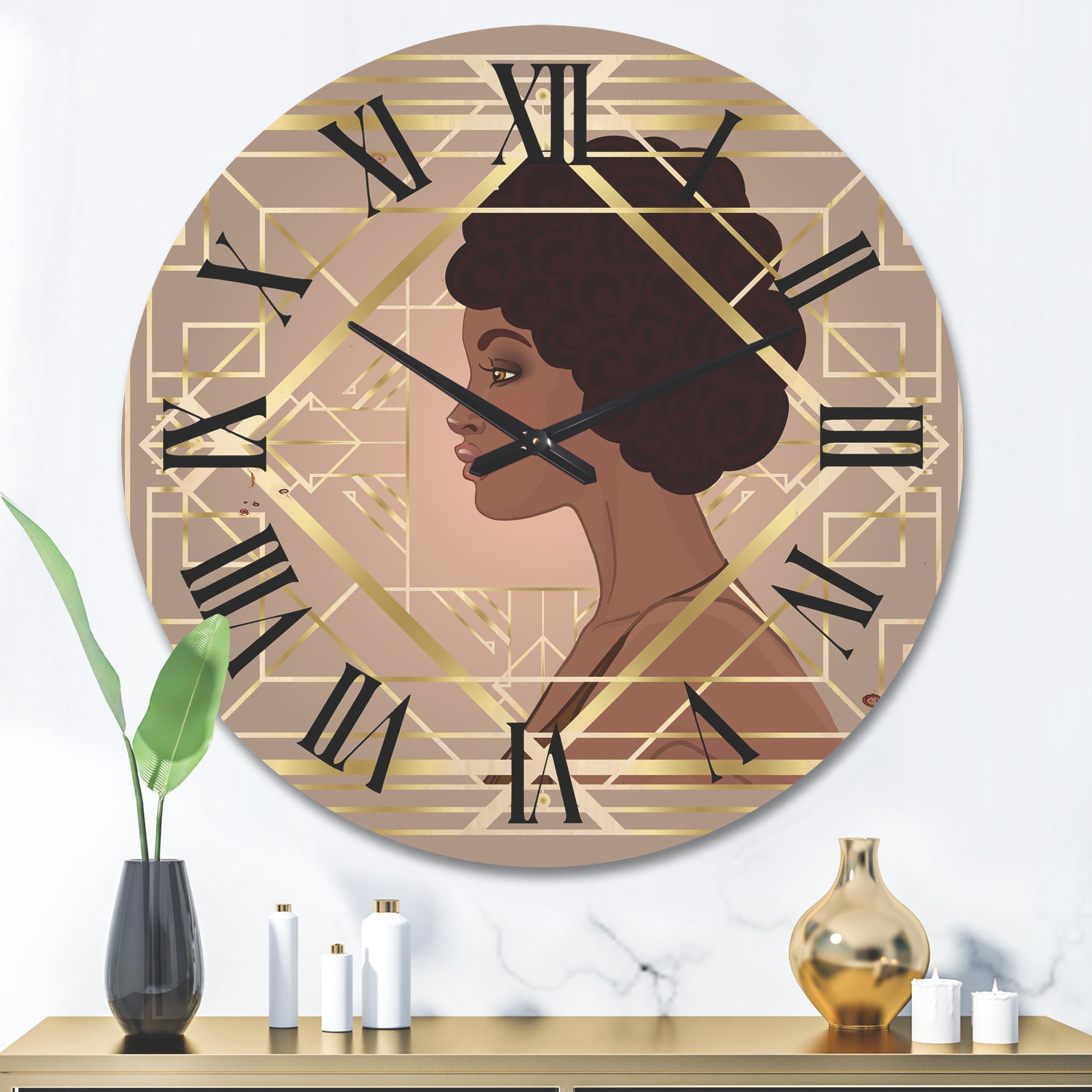 Designart 'Retro Girl In Golden Art Deco Geometrics II' Modern Wood Wall Clock
