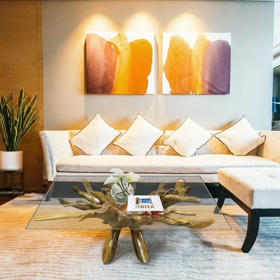 Chic Teak Rustic Teak Wood Root Live Edge Coffee Table Including 55 inch Square Glass Top