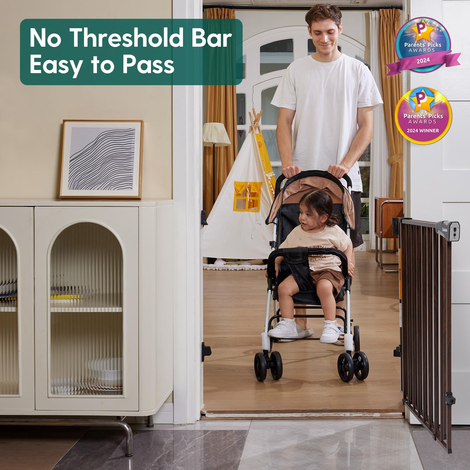 Gate for Stairs & Doorways, 26-43" W 34" H Extra Tall| No Bottom Bar| Easy Installation| One-handed Operation| Auto-close| Hardware Mount (Drill Needed) Safety Dog/Pet Gate Indoor (White)